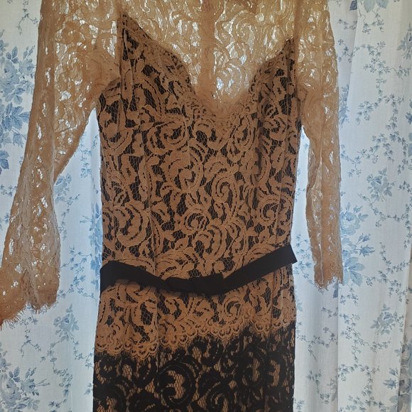 Elegant Tadashi Shoji Formal Illusion Lace Two-Tone Cream Black Gown W/ … - Picture 10 of 13